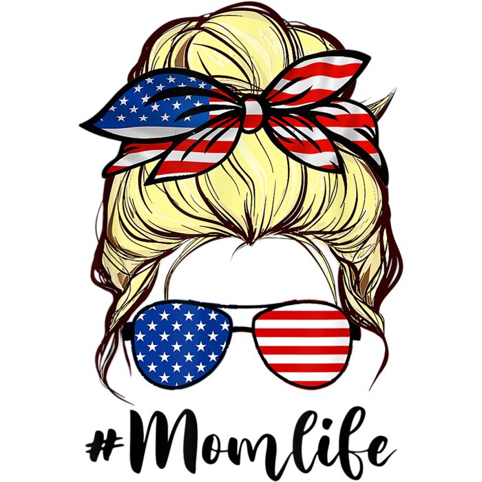 Messy Hair Woman Bun American Mom Life 4th Of July Blond T Shirt Thumbnail