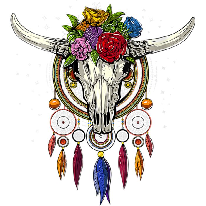 Womens Hippie Cow Skull Native American Floral Dreamcatcher Boho V Neck T Shirt Thumbnail