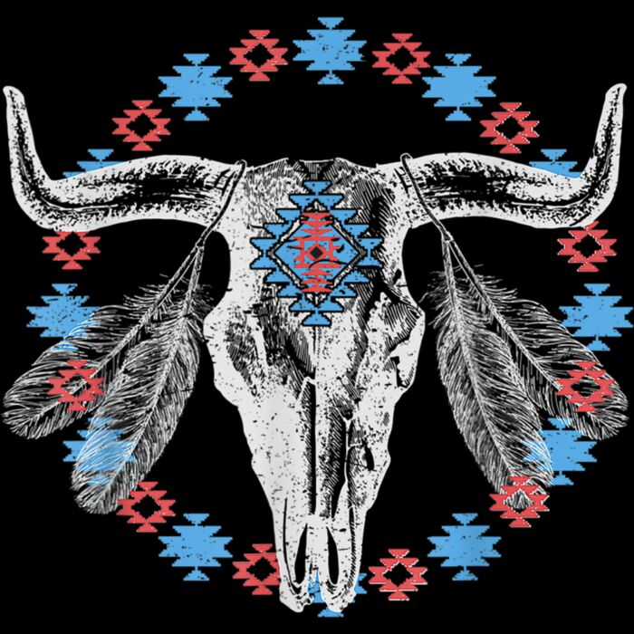 Vintage Cow Bull Skull BOHO Southwestern Aztec Feather T Shirt Thumbnail