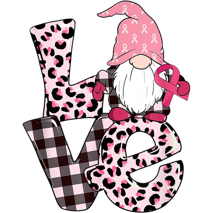 Leopard and Plaid Love Gnome Breast Cancer Awareness Gift T Shirt Thumbnail